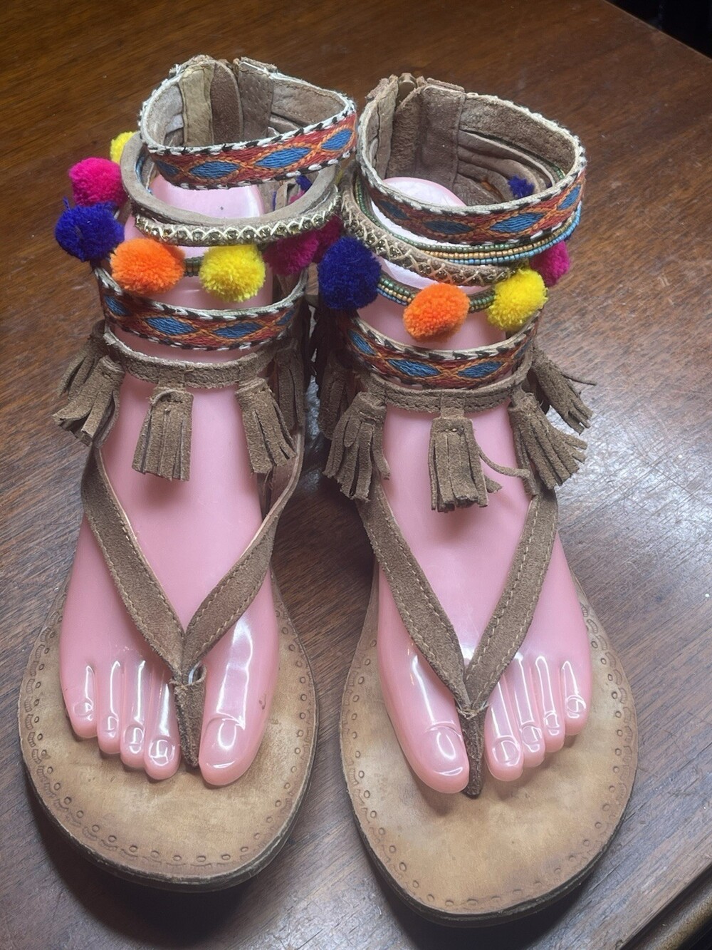 Naughty Monkey Seed Beaded Brown Suede T-Strap Gladiator Sandals Tribal Size 9M